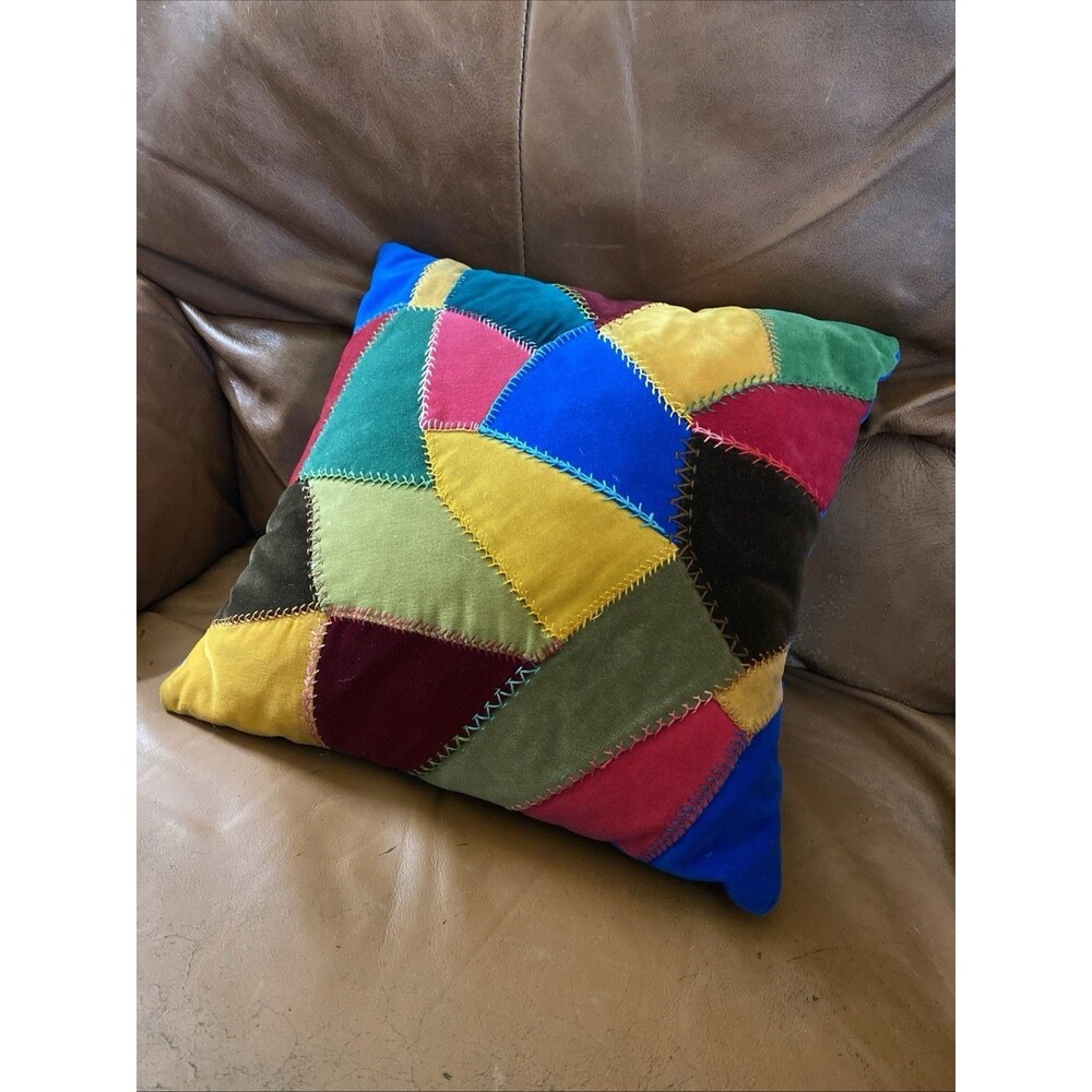 Handmade BOHO Patchwork Velvet and Corderoy Pillow 12” Sq Jeweled Colors Excelle
